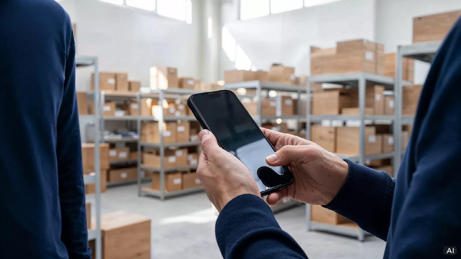 Zbliżenie na dłonie managera e-commerce trzymającego smartfon w nowoczesnym magazynie