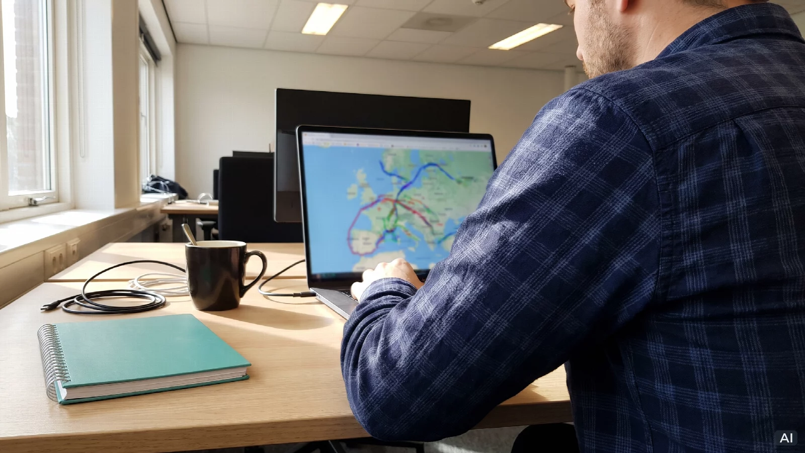Ekran laptopa z mapą Europy na biurku w nowoczesnym biurze e-commerce.