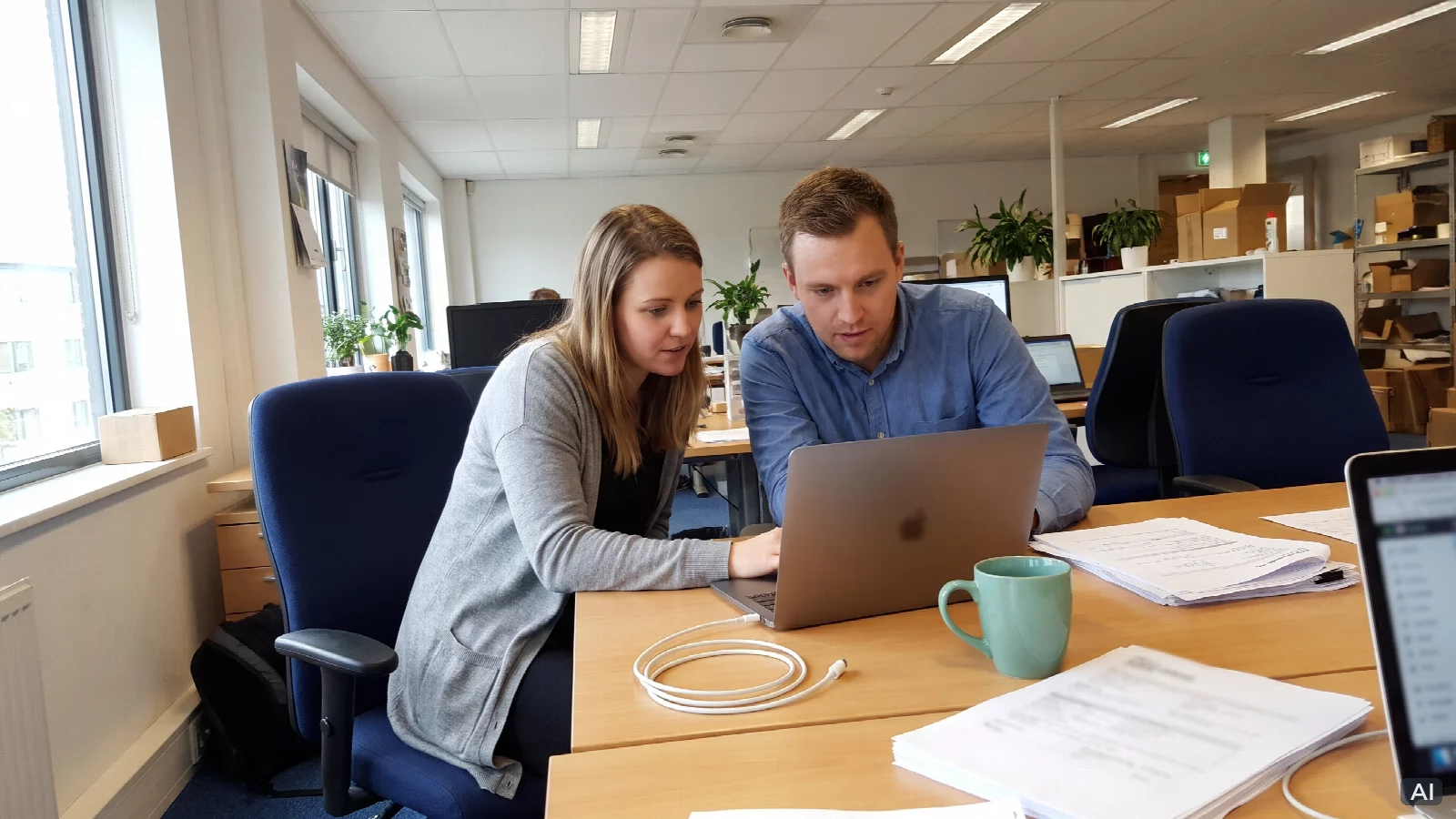 Dwie osoby w jasnym biurze firmy e-commerce analizują dokumenty przy laptopie.